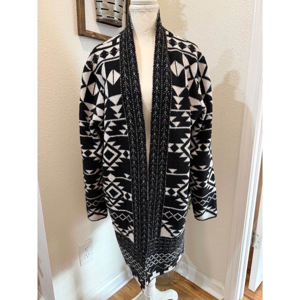 Frye Womens Aztec Geometric Open Front Cardigan Sweater Black White Large L